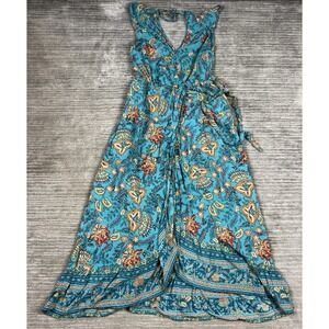 Band of the Free Dress Womens Medium Blue Floral Maxi V-Neck Boho Casual